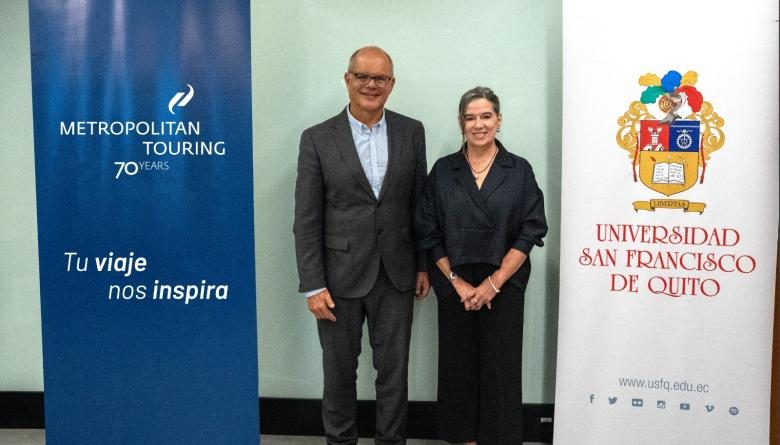 Diego Quiroga, Rector Universidad San Francisco de Quito y Paulina Burbano de Lara, presidenta de Metropolitan Touring. CORTESÍA